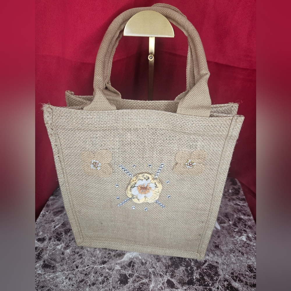 NWOT Natural Burlap Reusable Jute Tote Bag W/cotton Handles 11x9.4x4